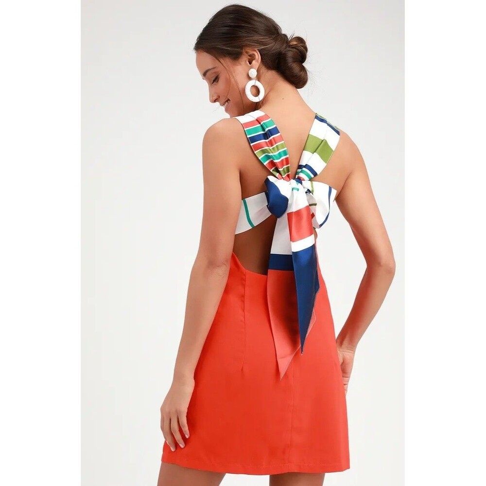 Lulus Joyful Red Orange Multi Stripe Tie-Back Mini Dress Size S